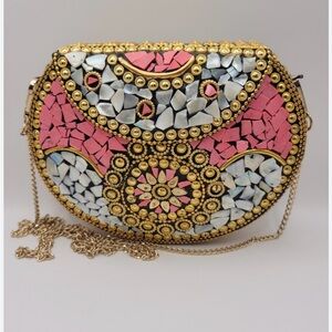 Ramla Beverly Hills Handmade Pink and Gold Mosaic Clutch with Chain Strap